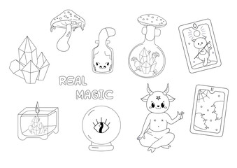 magic illustration set, clip art, tarot, crystals, satan  silhouette, line art