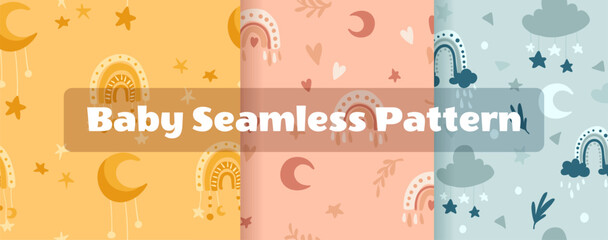 Cute Baby Seamless Pattern Set. Bohemian Gender Neutral vector repeat illustrations with sky, clouds, moon, stars, rainbow, sun. Boho Warm Colors for children textile, decor, nursery room