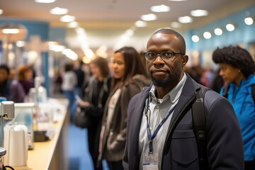 Introspective gaze amidst a busy conference backdrop