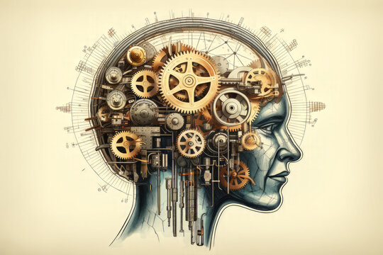 Illustration of the brain as mechanical geared mechanism. 
