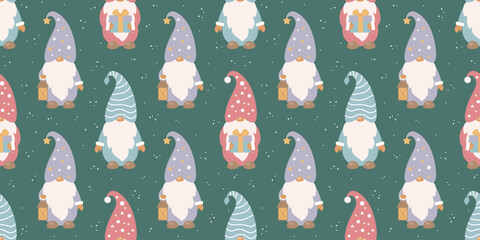 Scandinavian gnomes pattern. Flat vector Christmas illustration.