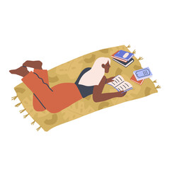 Woman reading a book at home. Leisure activities, studying, hobby. Vector illustration