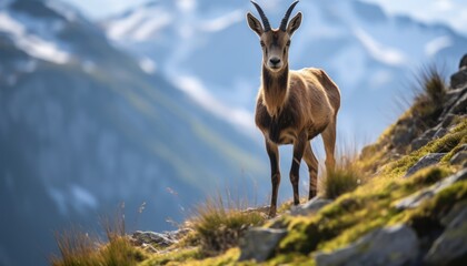 Mountain Chamois Goat Standing on Grass Covered Hillside