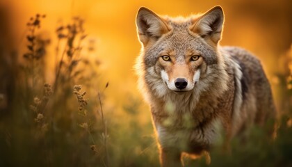 A Majestic Coyote Standing Proudly in a Field of Tall Grass - obrazy, fototapety, plakaty