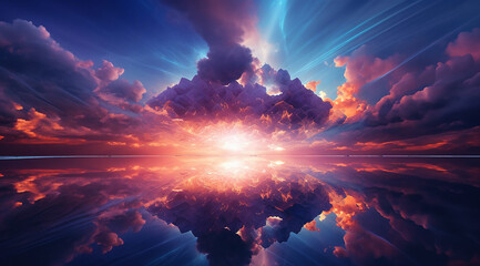 sun and clouds, sunrise over the clouds, sunrise over the sea, colorful sky with sun in clouds of altitude, Red sunset over the sea, rich in dark clouds, rays of light, generative ai