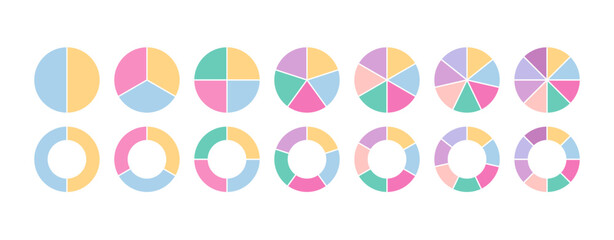 Ring section template. Circular structure chart divided into multicolor segments. Piechart with segments and slices. Circle graph. Pie diagram. Set schemes with sectors. Vector illustration - obrazy, fototapety, plakaty