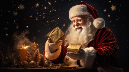 Happy old Santa Claus holding gift box sitting at workshop on Christmas eve.