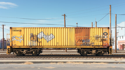Urban landscape photo of train cargo with graffiti.
