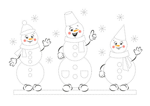 Tracing and color worksheet for practicing motor skills for kids. Coloring page with cute cartoon  snowmans.  Vector illustration
