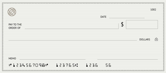 Empty money cheque. Bank check. Grey check book template with pattern and blank fields. Currency payment coupon, US dollar check background. - obrazy, fototapety, plakaty
