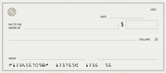 Fotobehang Empty money cheque. Bank check. Grey check book template with pattern and blank fields. Currency payment coupon, US dollar check background. © Billijs