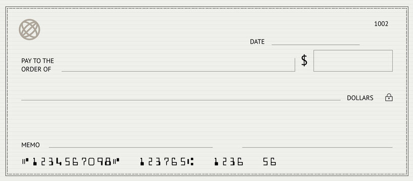 Empty money cheque. Bank check. Grey check book template with pattern and blank fields. Currency payment coupon, US dollar check background.
