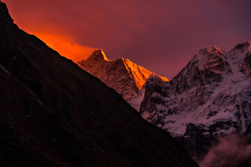 Sunset Seen From Mount kumbhakarna ( Jannu Base Camp ) in the himalayas of Nepal seen from Khambachen, Taplejung 
