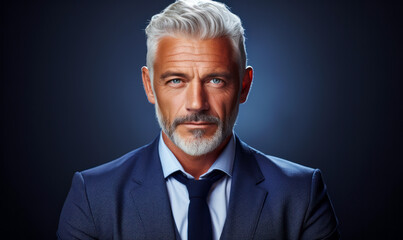 Handsome Mature Businessman with Grey Hair and Blue Suit on Dark Grey Background Looking Confident and Approachable