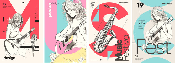 The girl plays the guitar. Simple pencil drawing. Set of vector illustrations.Typographic poster design and vectorized illustrations on background. - obrazy, fototapety, plakaty