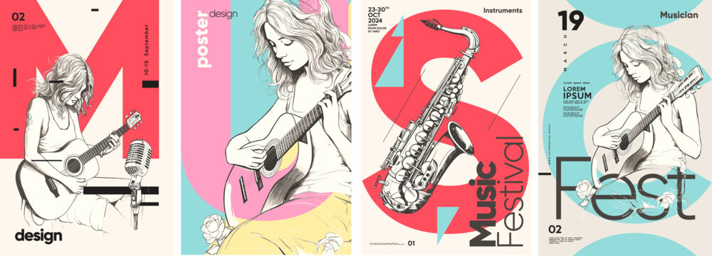 The girl plays the guitar. Simple pencil drawing. Set of vector illustrations.Typographic poster design and vectorized illustrations on background.