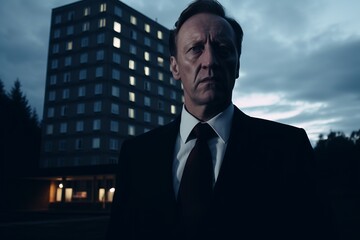 Fototapeta premium Dramatic portrait of a man in a suit against a brooding sky, a powerful and enigmatic executive presence, a moment of decision.