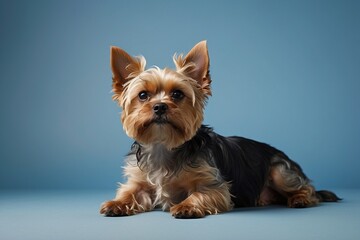 Studio portrait of a cute yorkshire terrier lying on blue background 