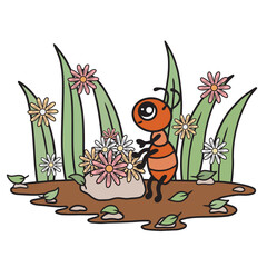 Ant working, summer day, leaves and flowers. Cute cartoon vector art.