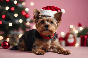 Cute yorkshire terrier in Santa hat on background of Christmas tree