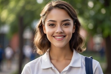 portrait of beautiful smiling young woman in school uniform looking at camera