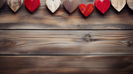 Assorted hearts on rustic wood background. Generative Ai