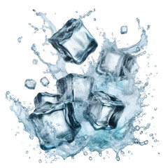Blue water wave splash and ice crystal cubes. 3d design with realistic liquid wave transparent background
