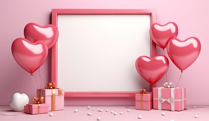Happy valentines day greetings many heart shaped pink balloons and foto frame with copy space for text , background border flat lay with copy space for text. AI generated image.