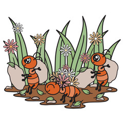 Ant working, summer day, leaves and flowers. Cute cartoon vector art.