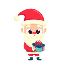 Cute Santa Claus holding gift. Flat vector illustration isolated on white background.