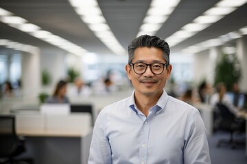 Obraz premium Portrait of a confident Asian businessman standing in an office, with coworkers in the background