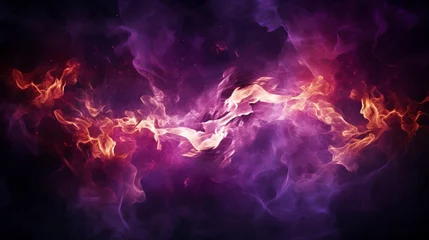 Keuken spatwand met foto A captivating fire frame with intense flames dancing and crackling against a deep purple background, creating a visually striking and dynamic composition. © baseer