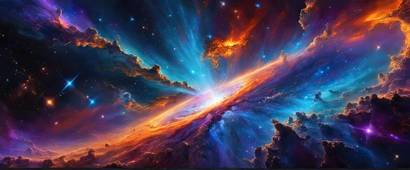 Zelfklevend Fotobehang Supernova engulfing the cosmos, star debris scattered across the expanding nebula, vibrant hues of blues, purples, and fiery oranges clashing in a cosmic dance, wallpaper  © Attila