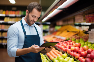Supermarket professional in the fruit and vegetable section reviewing data on his tablet. copy space
