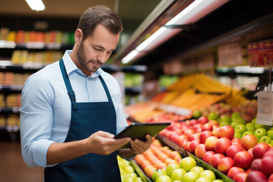 Supermarket professional in the fruit and vegetable section reviewing data on his tablet. copy space
