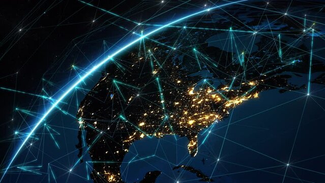 Futuristic Animation of Rotating Earth with Grids and Connections.North America, United States. Telecommunication, Artificial Intelligence, IOT, AR and 5G Networks. 