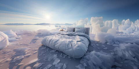 Comfy white master bed on the ice surrounded by snow and frozen landscape