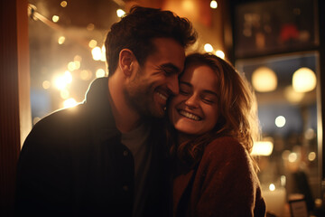 Man and woman have a date in a restaurant or bar - obrazy, fototapety, plakaty