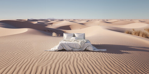 Comfy white master bed on the sand surrounded by dune and desert with hot and dry sunny landscape