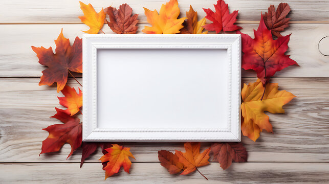 Autumn leaf bouquet and wood photo frame on white rustic wooden background. Generative Ai