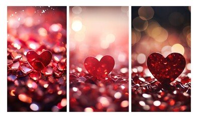 Set vertical backgrounds backdrops in same style for design mobile phone presentations or instagram stories: red, scarlet glass heart among sparkling beads glitter sequins Valentine's Day, soft focus