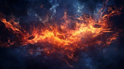 A captivating fire frame with intense flames dancing and crackling against a dark blue background, creating a mesmerizing contrast of colors and textures.