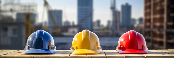 A safety helmet is a protective cap that protects the head at construction, construction, and civil engineering work sites. Panorama for banner. Safety measures for factories and construction. - obrazy, fototapety, plakaty