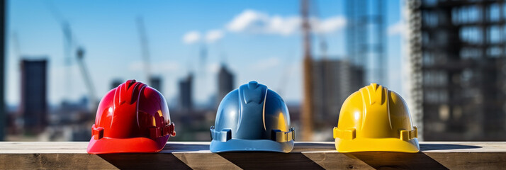 A safety helmet is a protective cap that protects the head at construction, construction, and civil engineering work sites. Panorama for banner. Safety measures for factories and construction.