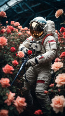 Naklejka premium Astronaut in a Rose Garden. Ai Generative