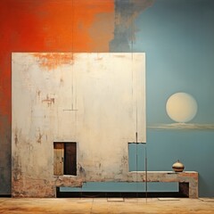a painting of a white square with a white object on a bench