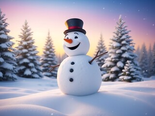 Obraz premium A smiling Snowman playing in blurry winter snow background. Funny Holiday season wallpaper