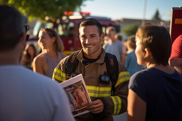 Engaged firefighter conducting community outreach, imparting fire safety knowledge at schools, workshops, and events to promote prevention and safety awareness