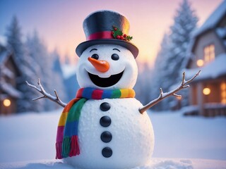Obraz premium A smiling Snowman playing in blurry winter snow background. Funny Holiday season wallpaper