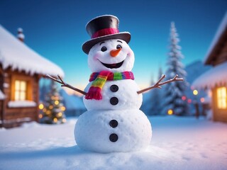 A smiling Snowman playing in blurry Christmas background. Funny Holiday season wallpaper